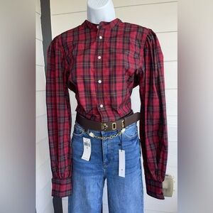 Polo Ralph Lauren Collarless Button Up Red Buffalo Plaid Shirt $198 Size 8 NWT